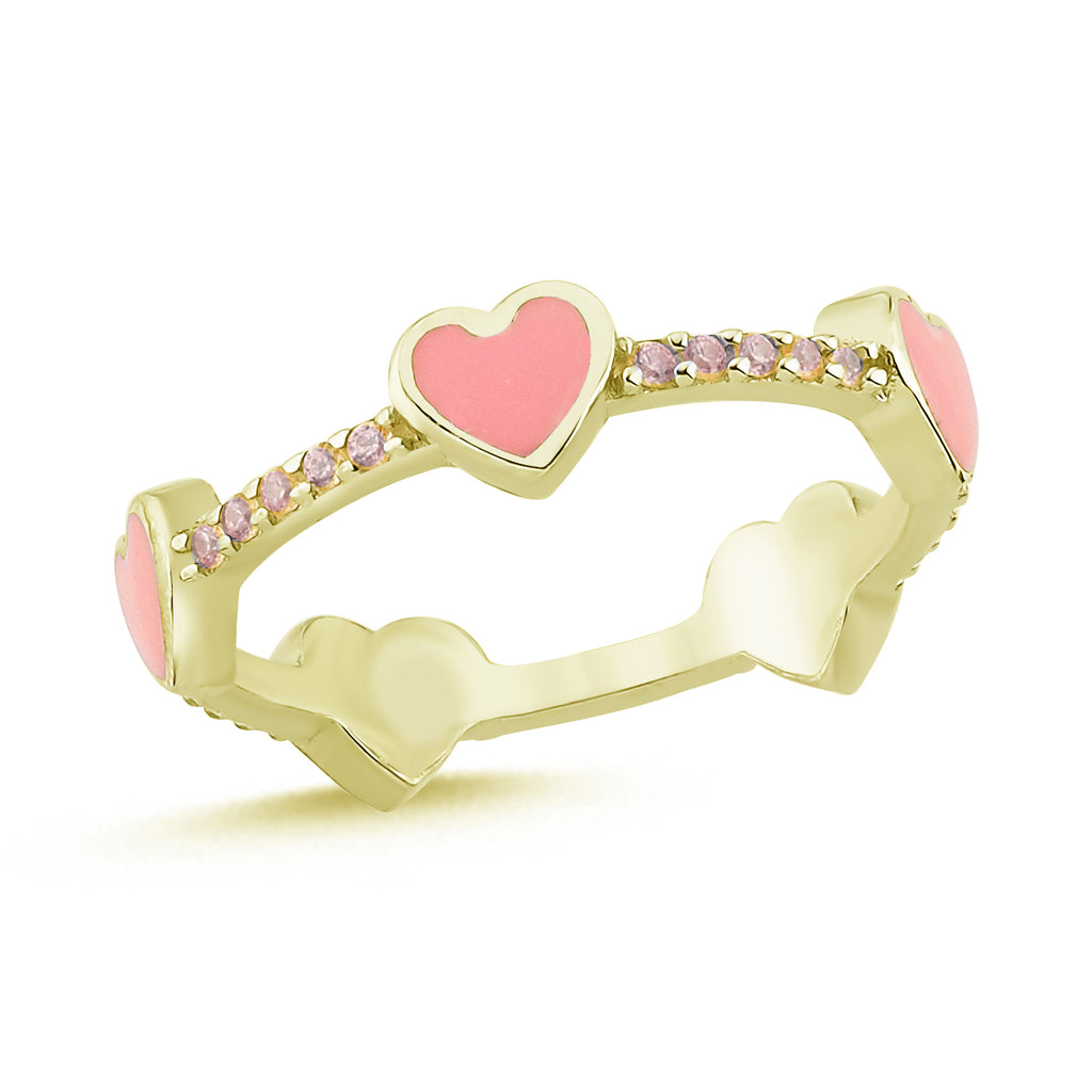 Trendy Pink Enamel Heart Ring 925 Crt Sterling Silver Gold Plated Handcraft Wholesale Turkish Jewelry