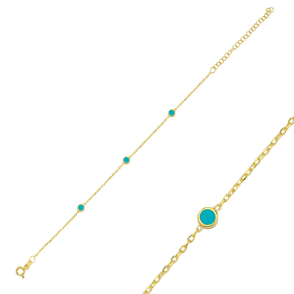 Trendy Mini Rounds Turquoise Enamel Bracelet 925 Crt Sterling Silver Gold Plated Handcraft Wholesale Turkish Jewelry