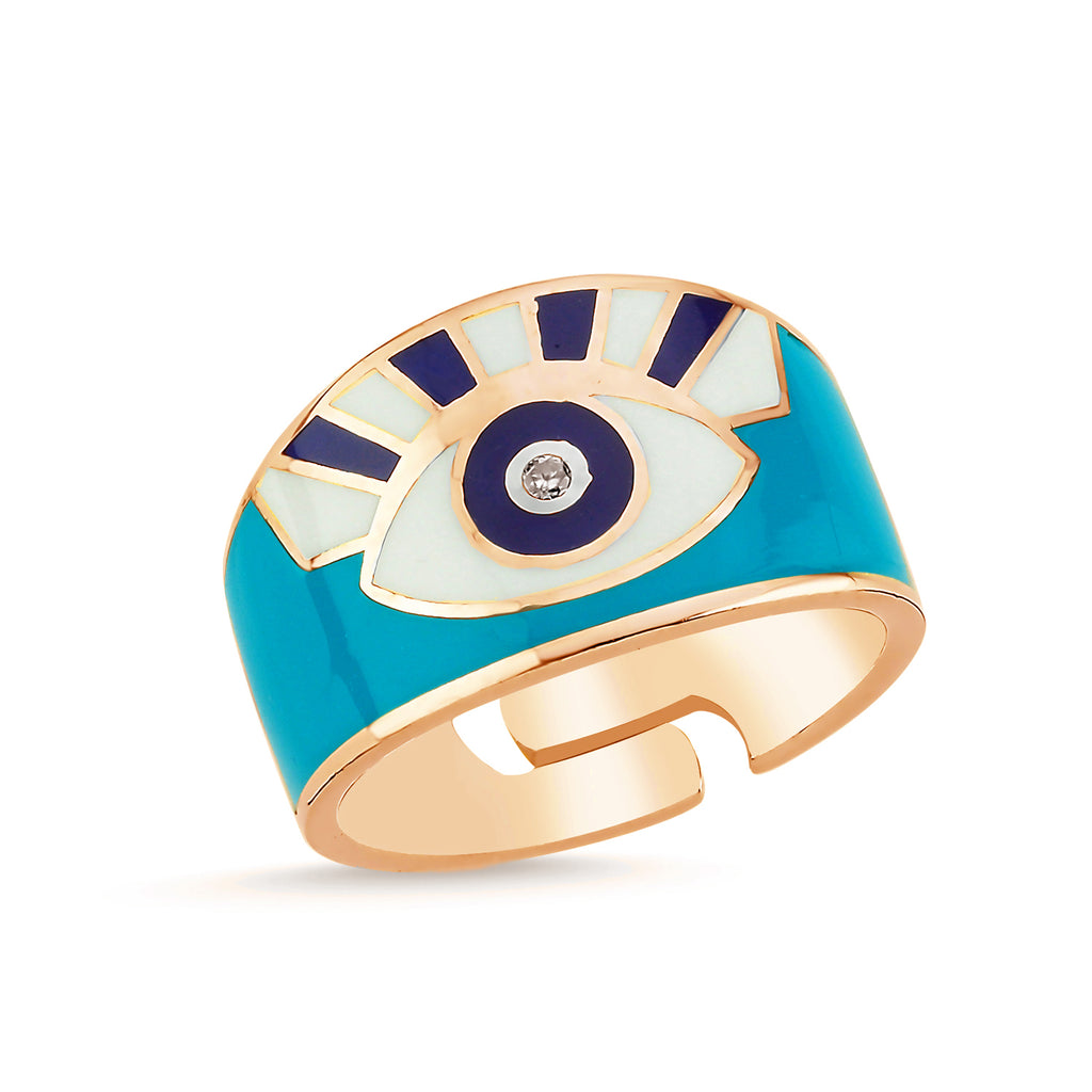Trendy Enamel Evileye Adjustable Ring 925 Crt Sterling Silver Gold Plated Wholesale Turkish Jewelry