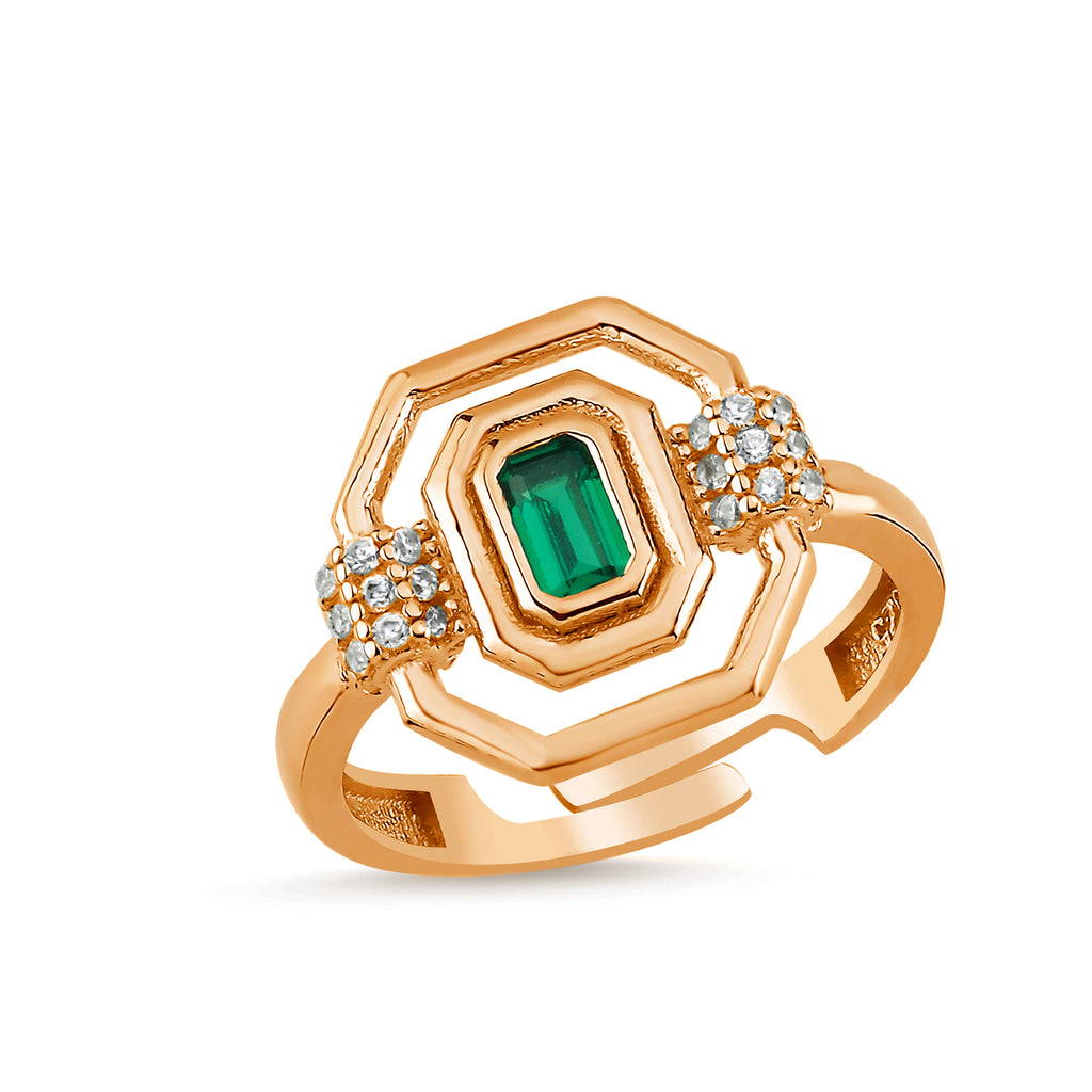 Green Octagon Stone Adjustable Ring 925 Crt Sterling Silver Gold Plated Wholesale Turkish Jewelry