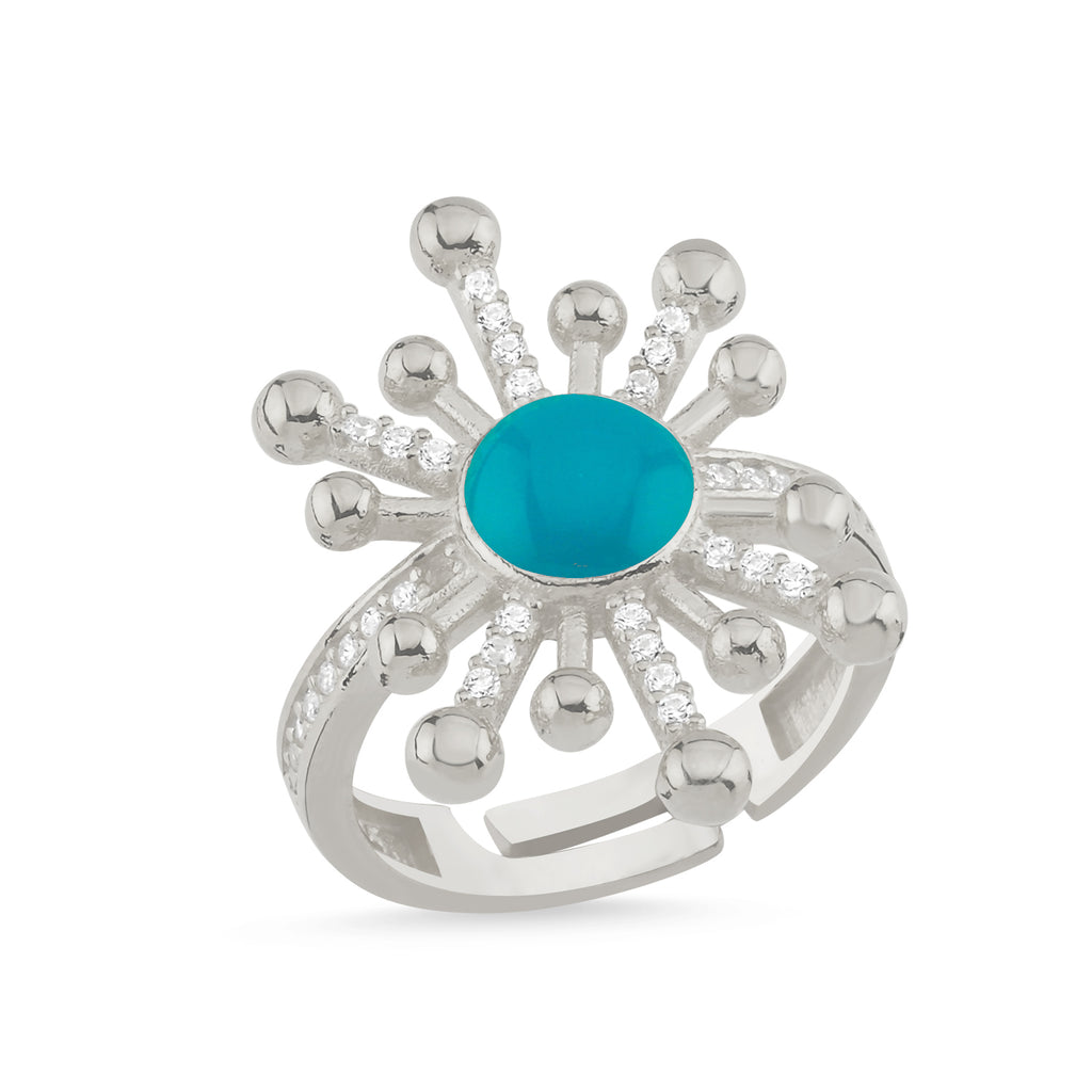 Turquoise Enamel Sun Shine Ring 925 Crt Sterling Silver Gold Plated Wholesale Turkish Jewelry