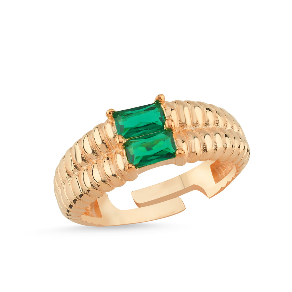 Green Baquette Stone Ring 925 Crt Sterling Silver Gold Plated Wholesale Turkish Jewelry