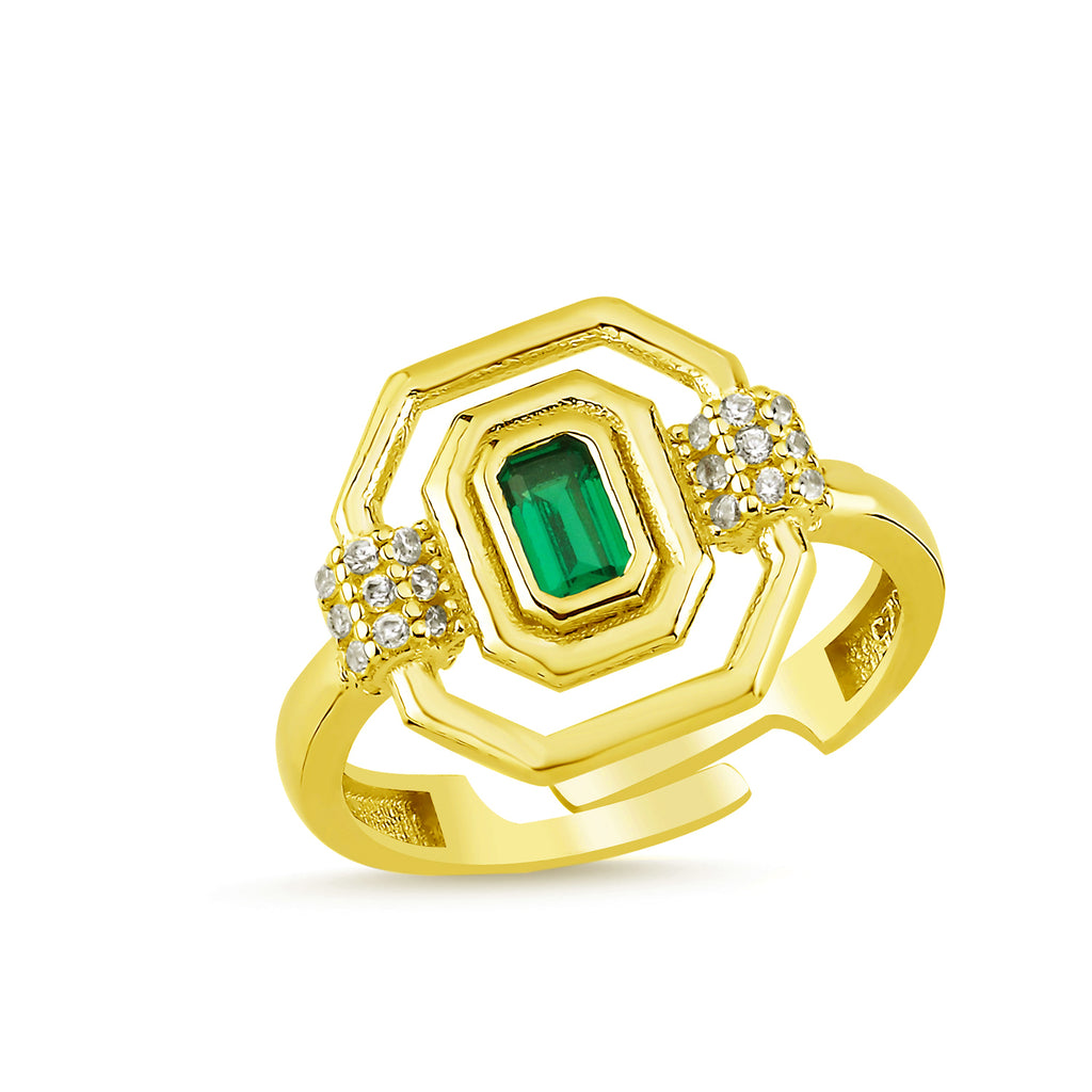 Green Octagon Stone Adjustable Ring 925 Crt Sterling Silver Gold Plated Wholesale Turkish Jewelry