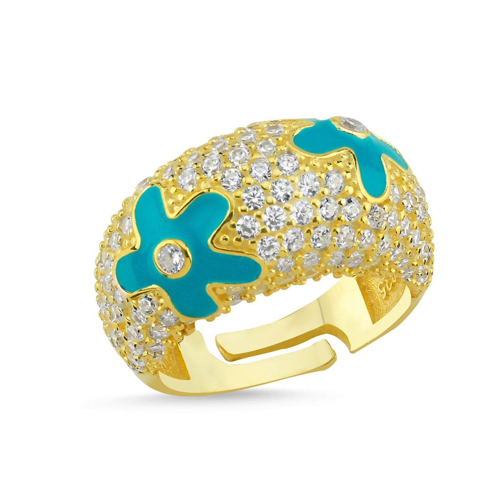 Turquoise Enamel Flower Ring 925 Crt Sterling Silver Gold Plated Wholesale Turkish Jewelry