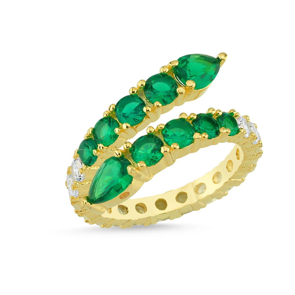 Trendy Green Zirconia  Adjustable Ring 925 Crt Sterling Silver Gold Plated Wholesale Turkish Jewelry