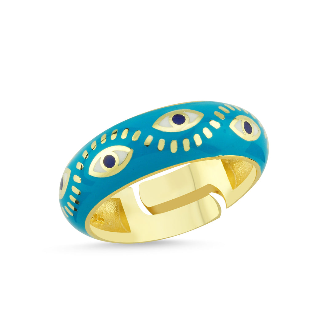 Turquoise Enamel Evileye Ring 925 Crt Sterling Silver Gold Plated Wholesale Turkish Jewelry