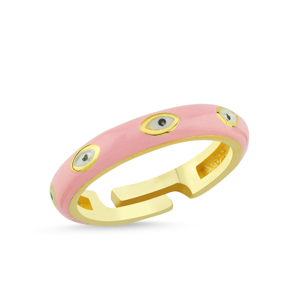 Pink Enamel Evileye Adjustable Ring 925 Crt Sterling Silver Gold Plated Wholesale Turkish Jewelry