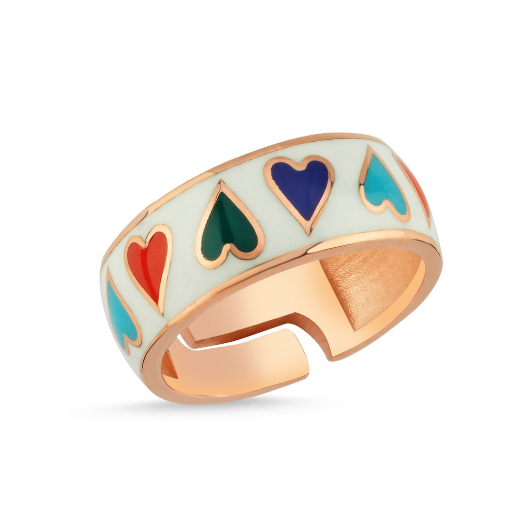 Colorful Enamel Adjustable Heart Ring 925 Crt Sterling Silver Gold Plated Wholesale Turkish Jewelry