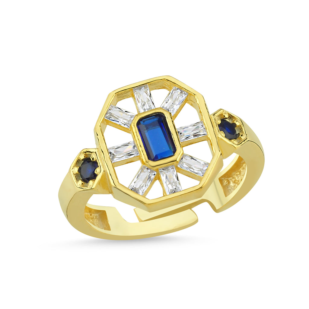 Trendy Blue Octagon Stone Ring 925 Crt Sterling Silver Gold Plated Wholesale Turkish Jewelry