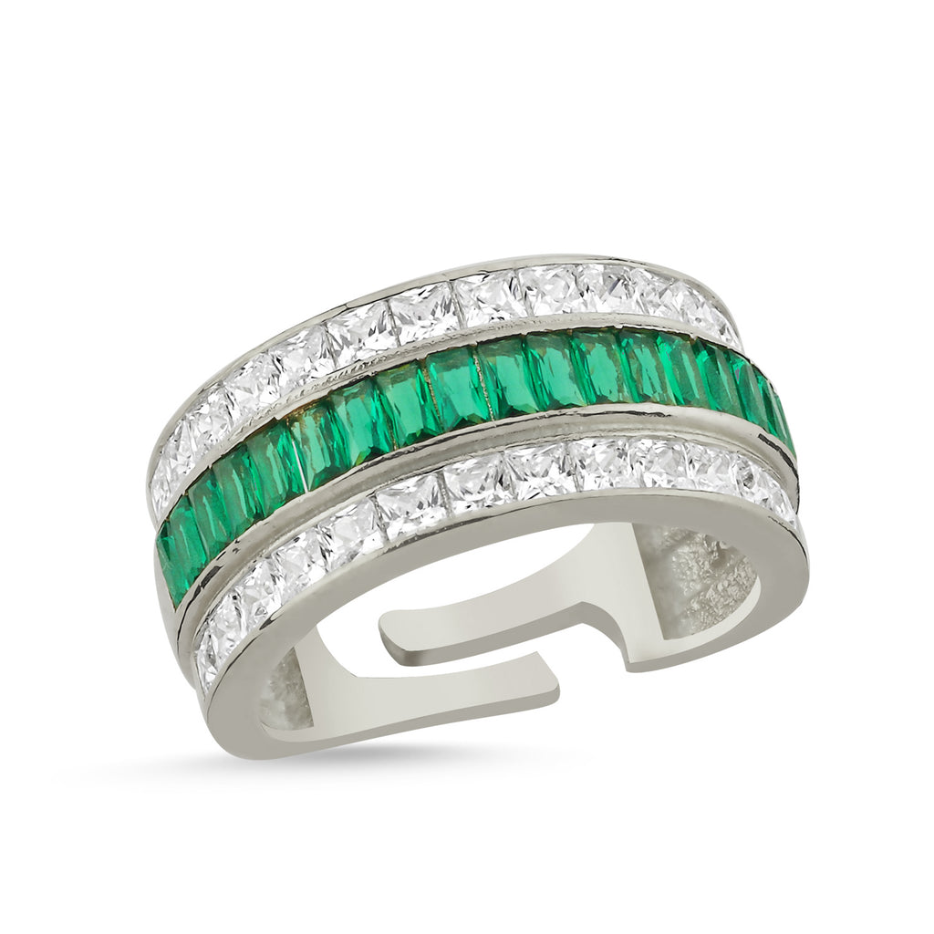 Green Baquette Stone Adjustable Ring 925 Crt Sterling Silver Gold Plated Wholesale Turkish Jewelry
