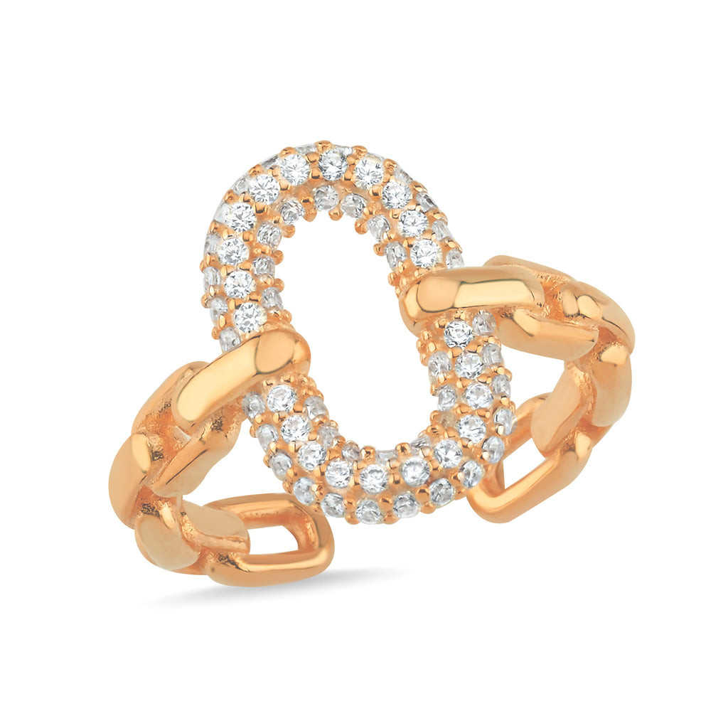 Trendy Zirconia Chain Design Pave Link Adjustable Ring 925 Crt Sterling Silver Gold Plated Wholesale Turkish Jewelr