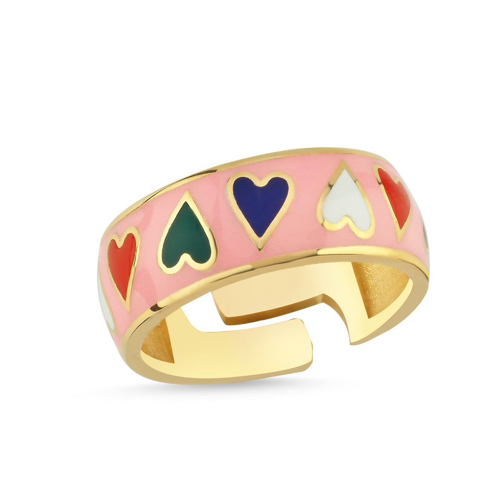 Colorful Enamel Heart Ring 925 Crt Sterling Silver Gold Plated Wholesale Turkish Jewelry