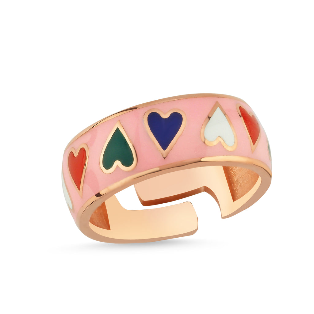 Colorful Enamel Heart Ring 925 Crt Sterling Silver Gold Plated Wholesale Turkish Jewelry