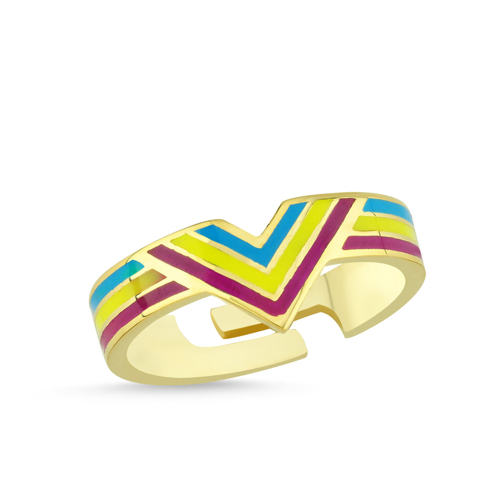 Colorful Enamel Triangle Ring 925 Crt Sterling Silver Gold Plated Wholesale Turkish Jewelry
