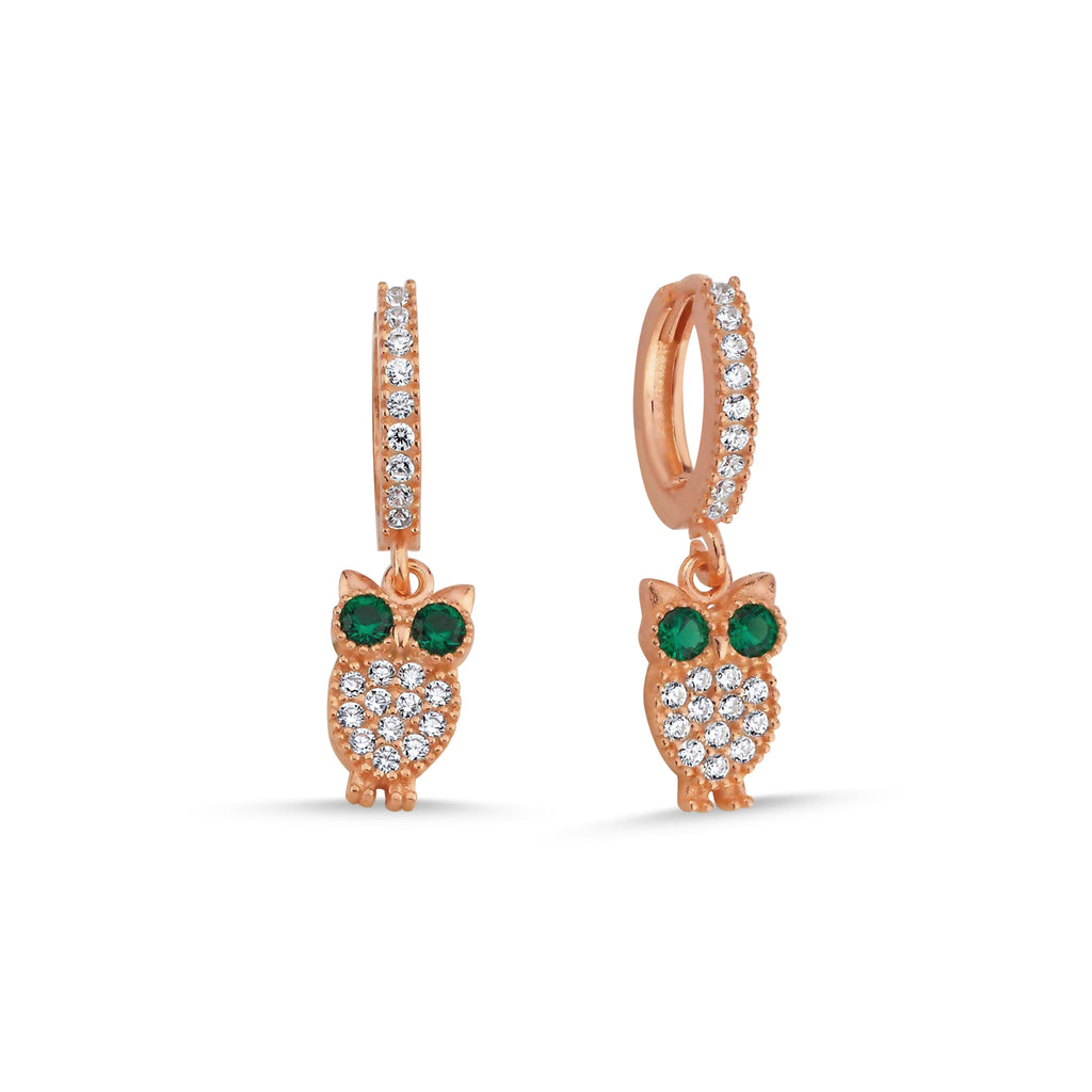 Trendy Cubic Zirconia Owl Earring 925 Crt Sterling Silver Gold Plated Handcraft Wholesale Turkish Jewelry