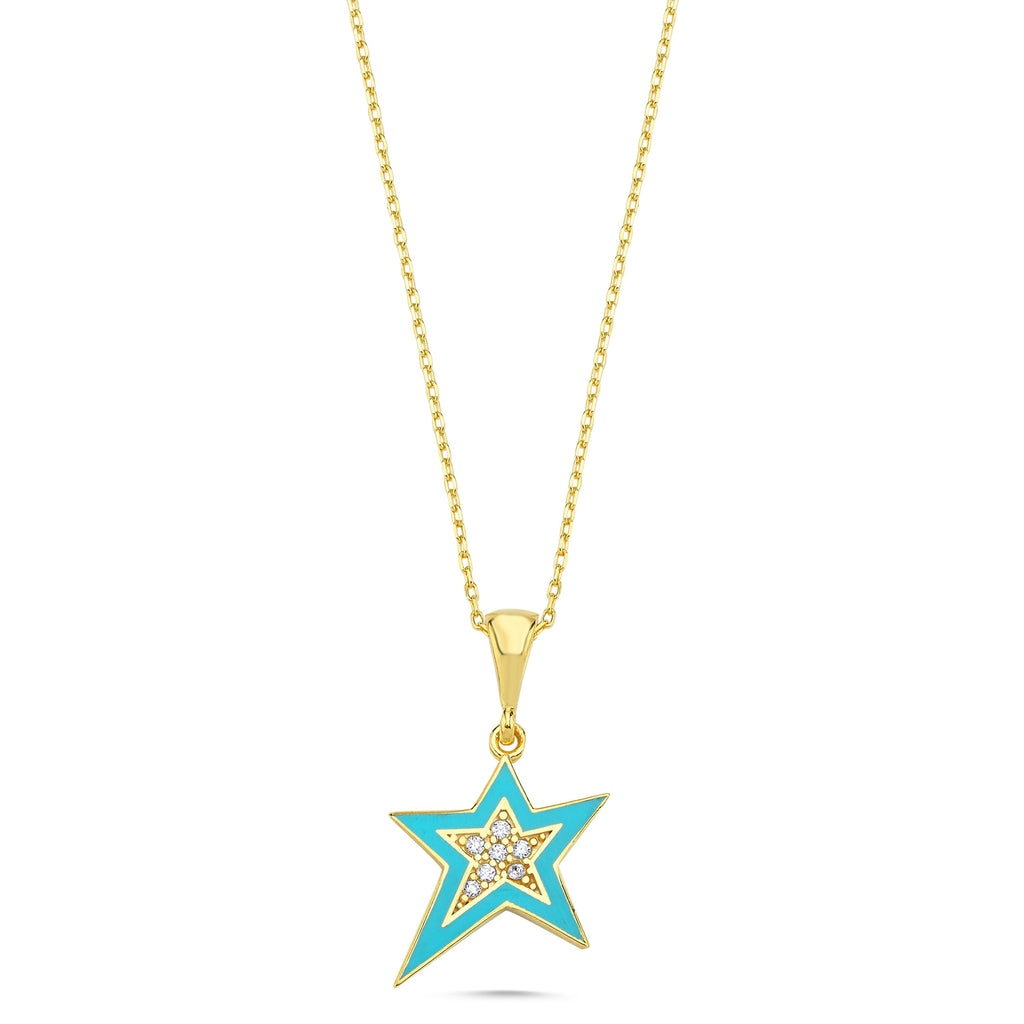 Trendy Turquoise Enamel Star Necklace  925 Crt Sterling Silver Gold Plated Handcraft Wholesale Turkish Jewelry