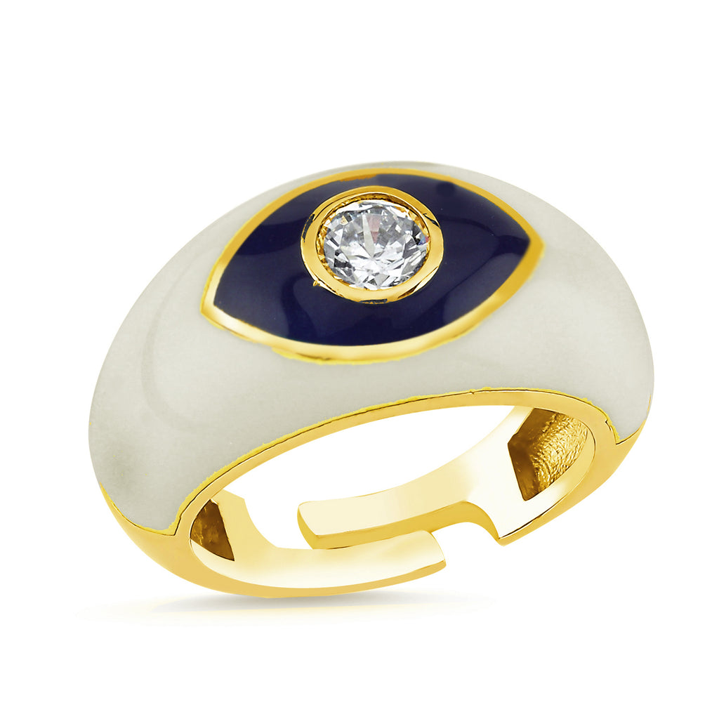 Trendy White Enemal Cubic Stone Eye Adjustable Ring 925 Crt Sterling Silver Gold Plated Wholesale Turkish Jewelry