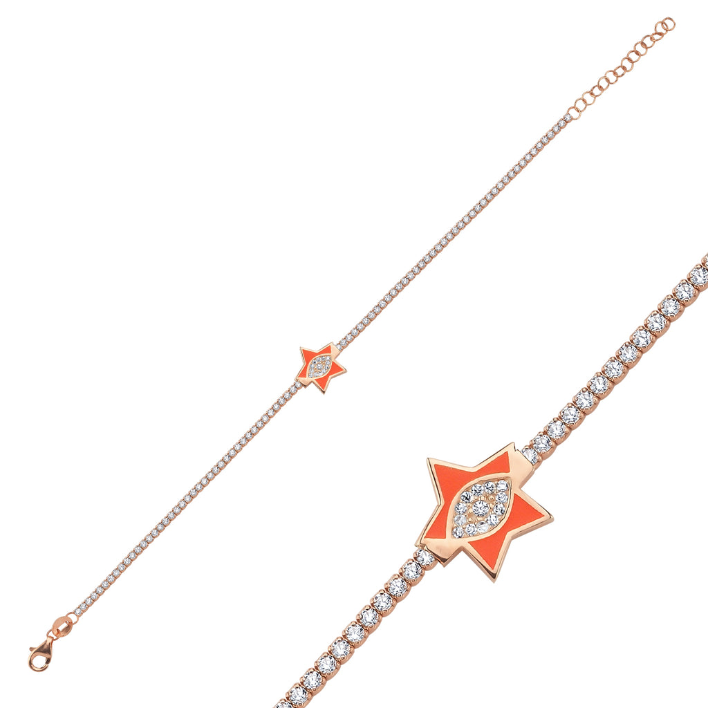 Trendy Tennis Chain Orange Enamel Star on Eye Bracelet  925 Crt Sterling Silver Gold Plated Handcraft Wholesale Turkish Jewelry