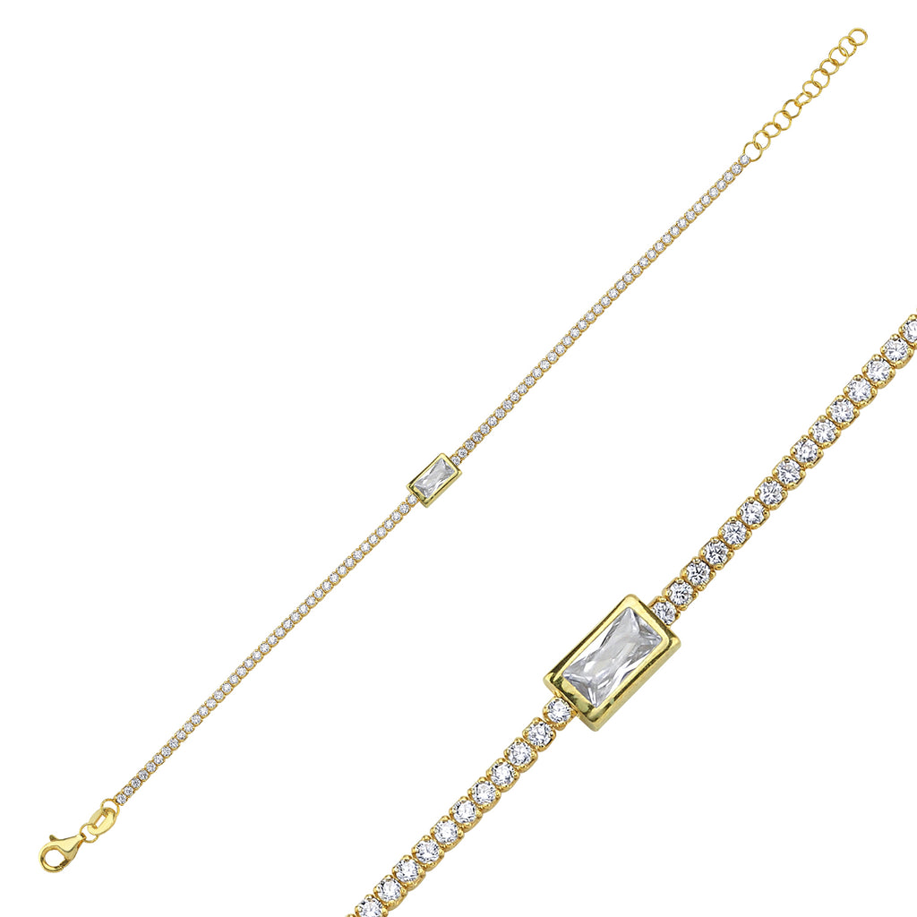 Trendy Tennis Chain Baquette Stone Bracelet 925 Crt Sterling Silver Gold Plated Handcraft Wholesale Turkish Jewelry