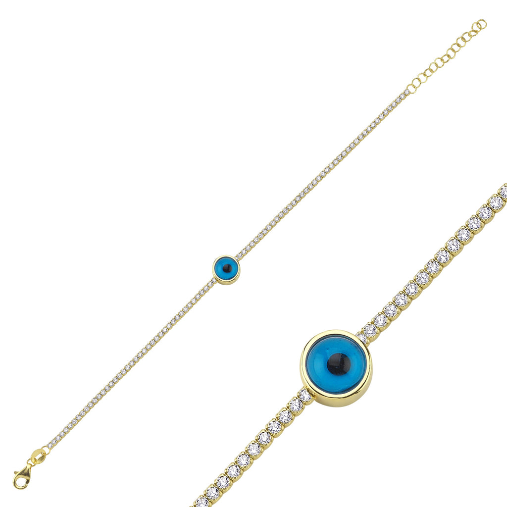 Trendy Tennis Chain Evileye Stone Bracelet 925 Crt Sterling Silver Gold Plated Handcraft Wholesale Turkish Jewelry