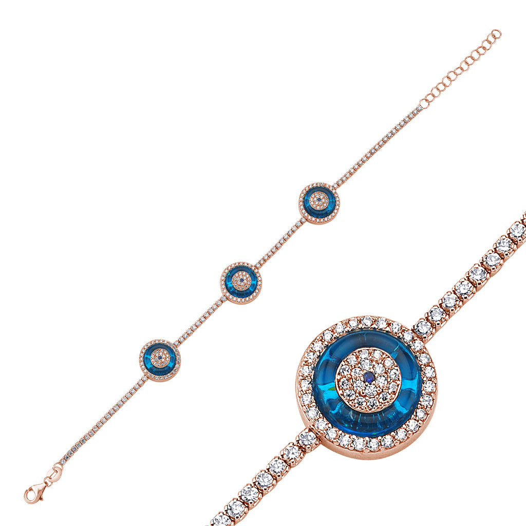 Trendy Tennis Chain Blue Round Stone Bracelet 925 Crt Sterling Silver Gold Plated Handcraft Wholesale Turkish Jewelry