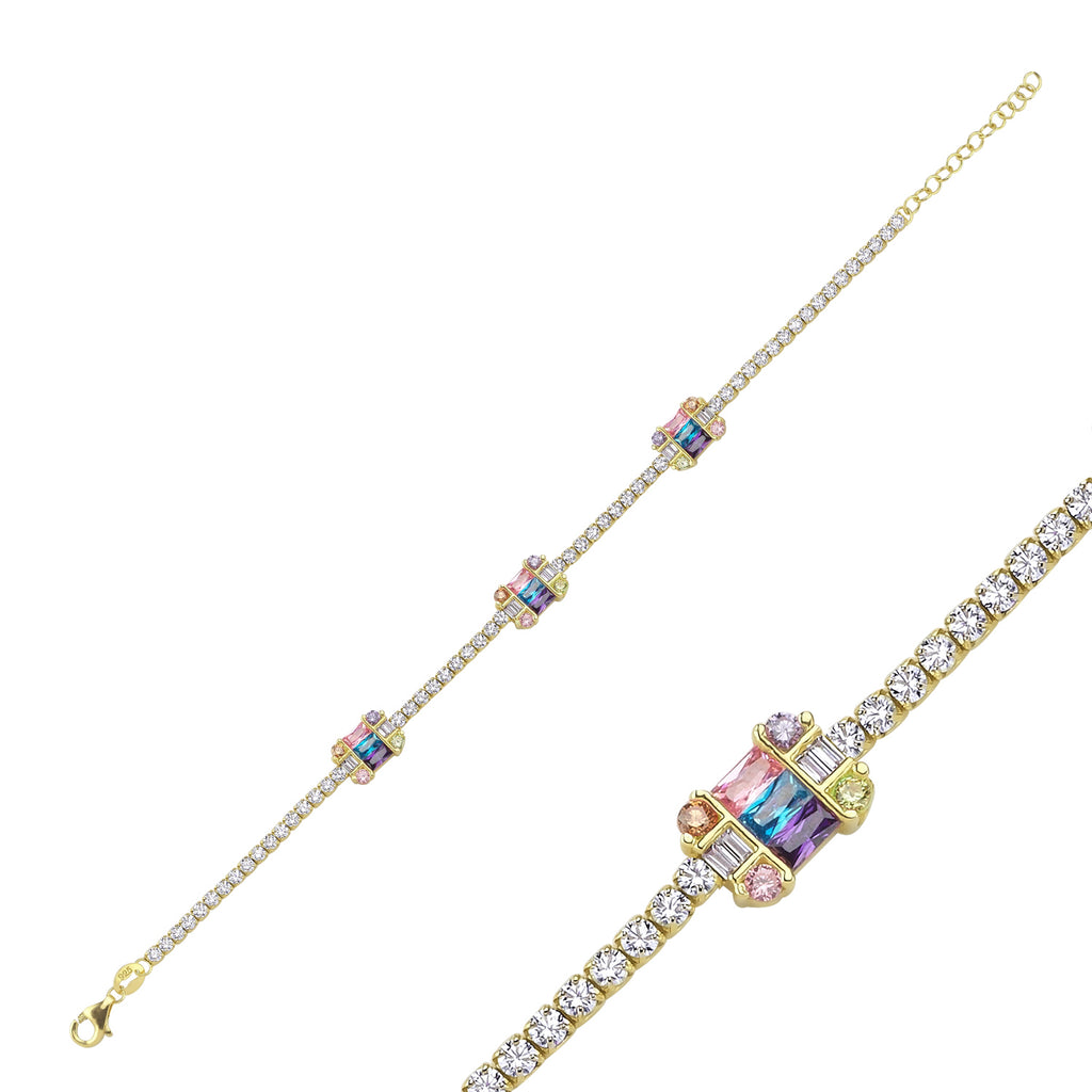 Trendy Tennis Chain Baquette Stone Bar Bracelet 925 Crt Sterling Silver Gold Plated Handcraft Wholesale Turkish Jewelry