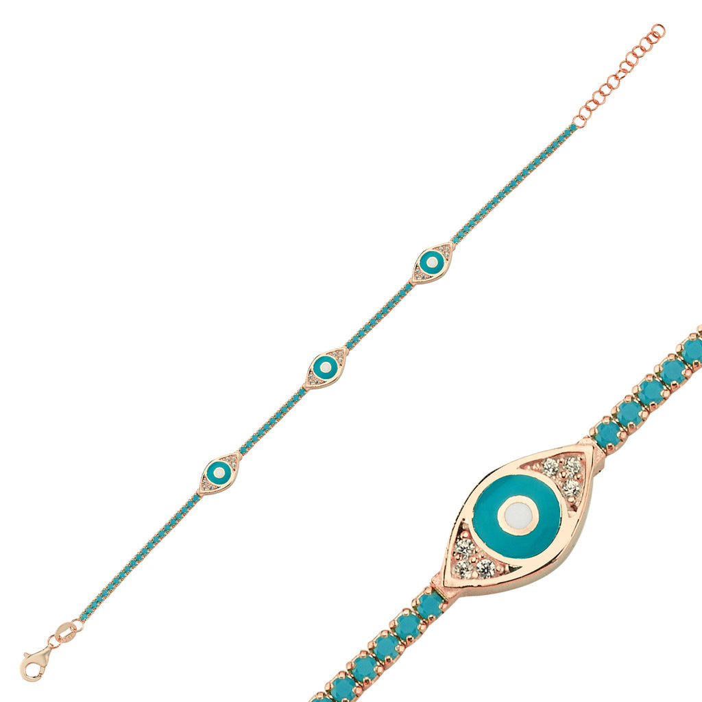 Trendy Turquoise Tennis Chain Turquoise Enamel Eye Bracelet 925 Crt Sterling Silver Gold Plated Handcraft Wholesale Turkish Jewelry
