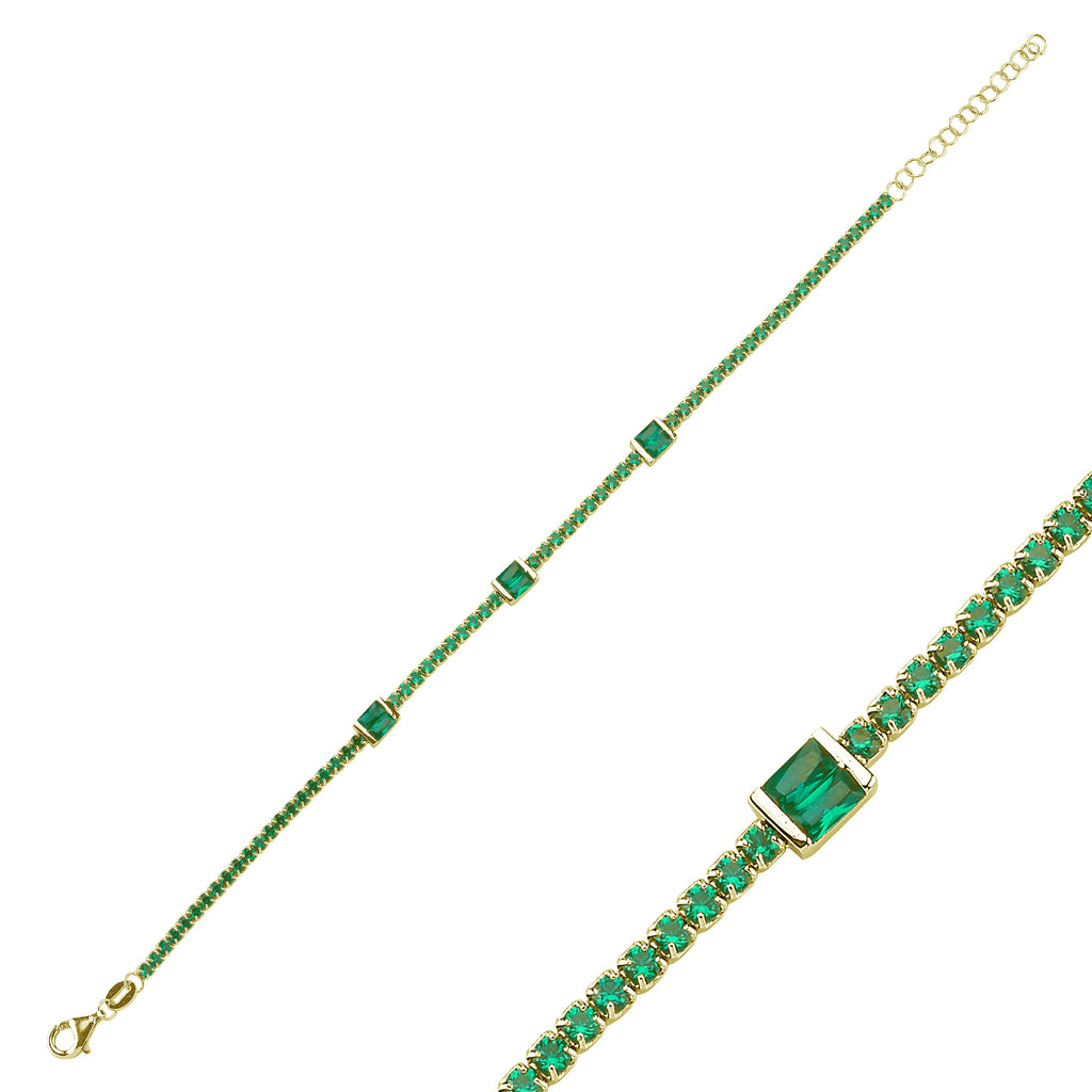 Trendy Green Tennis Chain Green Baquette Stone Square Bar Bracelet  925 Crt Sterling Silver Gold Plated Handcraft Wholesale Turkish Jewelry