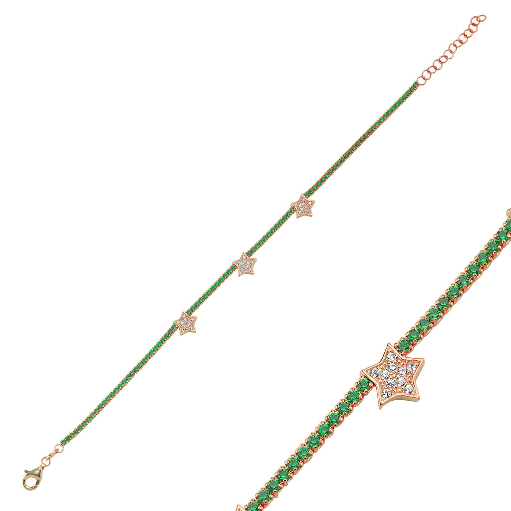Trendy Green Tennis Chain Zirconia Star Bracelet 925 Crt Sterling Silver Gold Plated Handcraft Wholesale Turkish Jewelry