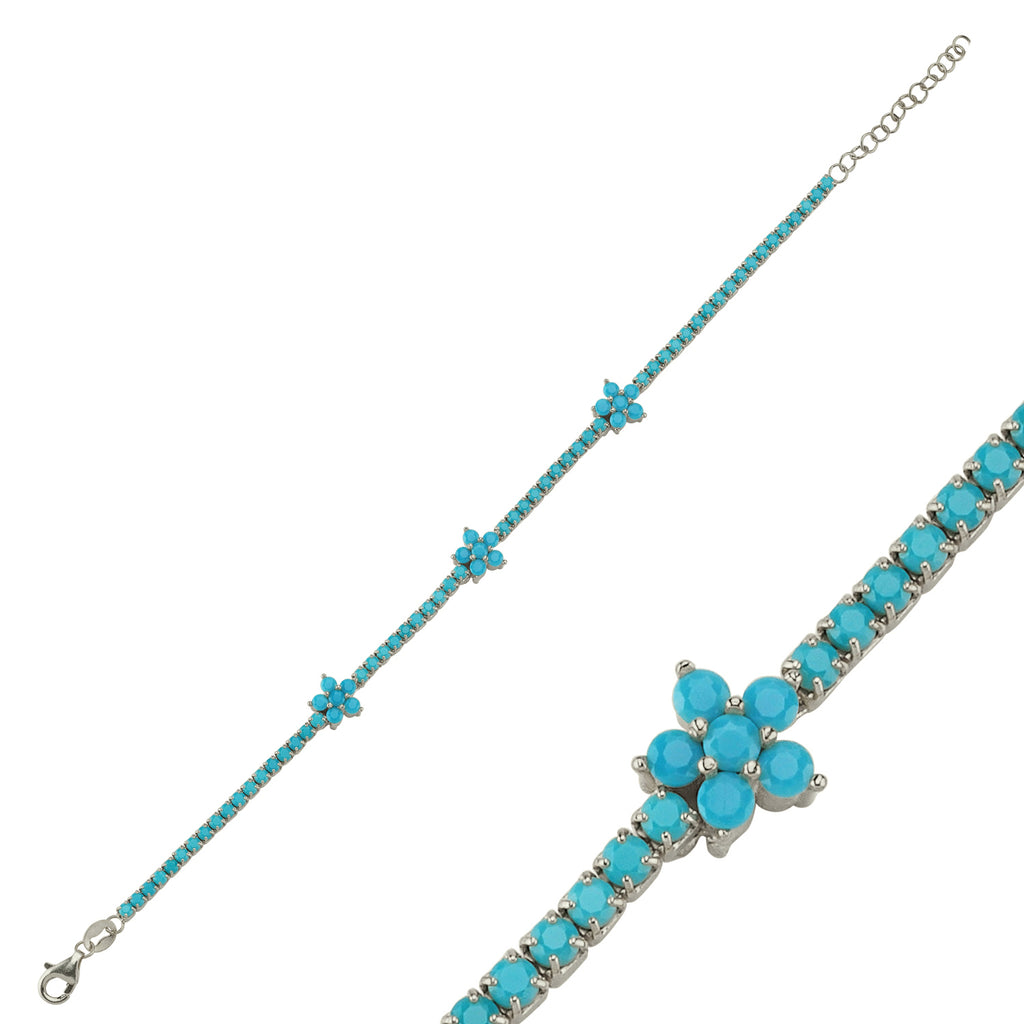 Trendy Turquoise Tennis Chain Flower Bracelet  925 Crt Sterling Silver Gold Plated Handcraft Wholesale Turkish Jewelry