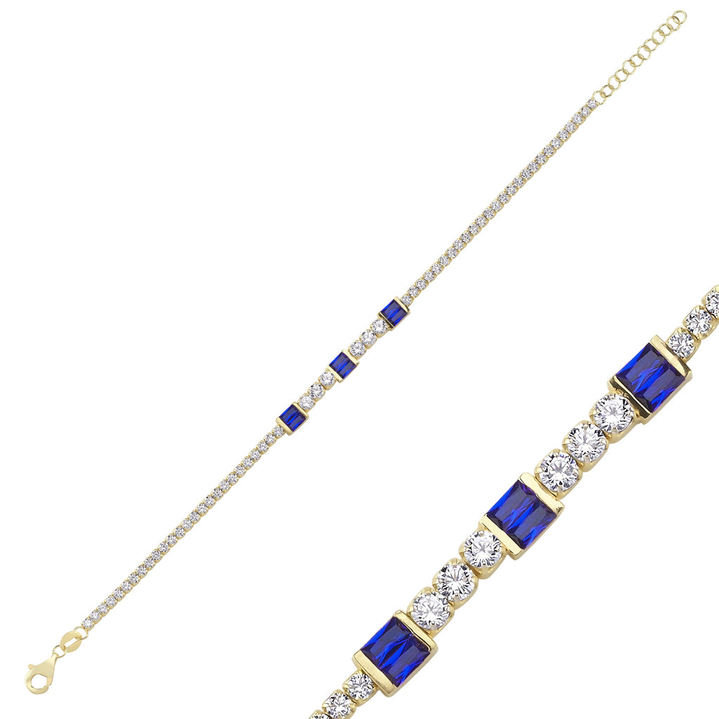 Trendy Tennis Chain Blue Baquette Stone Square Bar Bracelet  925 Crt Sterling Silver Gold Plated Handcraft Wholesale Turkish Jewelry