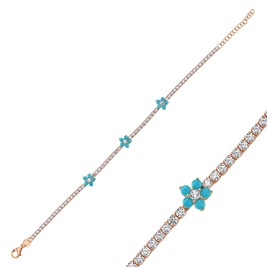 Trendy Tennis Chain Turquoise Zirconia Flower Bracelet 925 Crt Sterling Silver Gold Plated Handcraft Wholesale Turkish Jewelry
