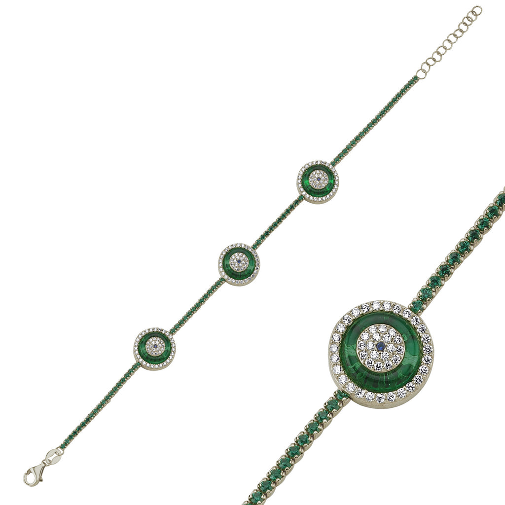 Trendy Green Tennis Chain Green Stone Eye Bracelet 925 Crt Sterling Silver Gold Plated Handcraft Wholesale Turkish Jewelry