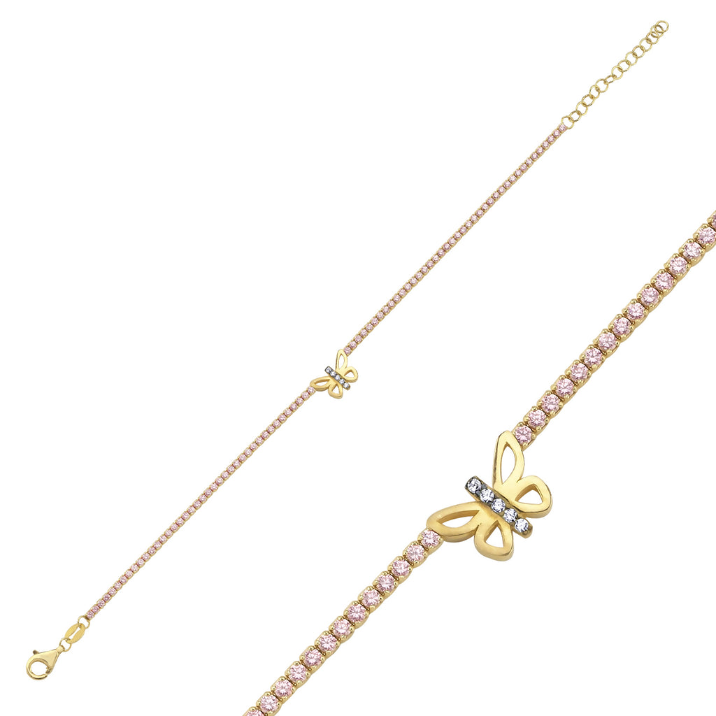 Trendy Tennis Chain Butterfly Bracelet 925 Crt Sterling Silver Gold Plated Handcraft Wholesale Turkish Jewelry
