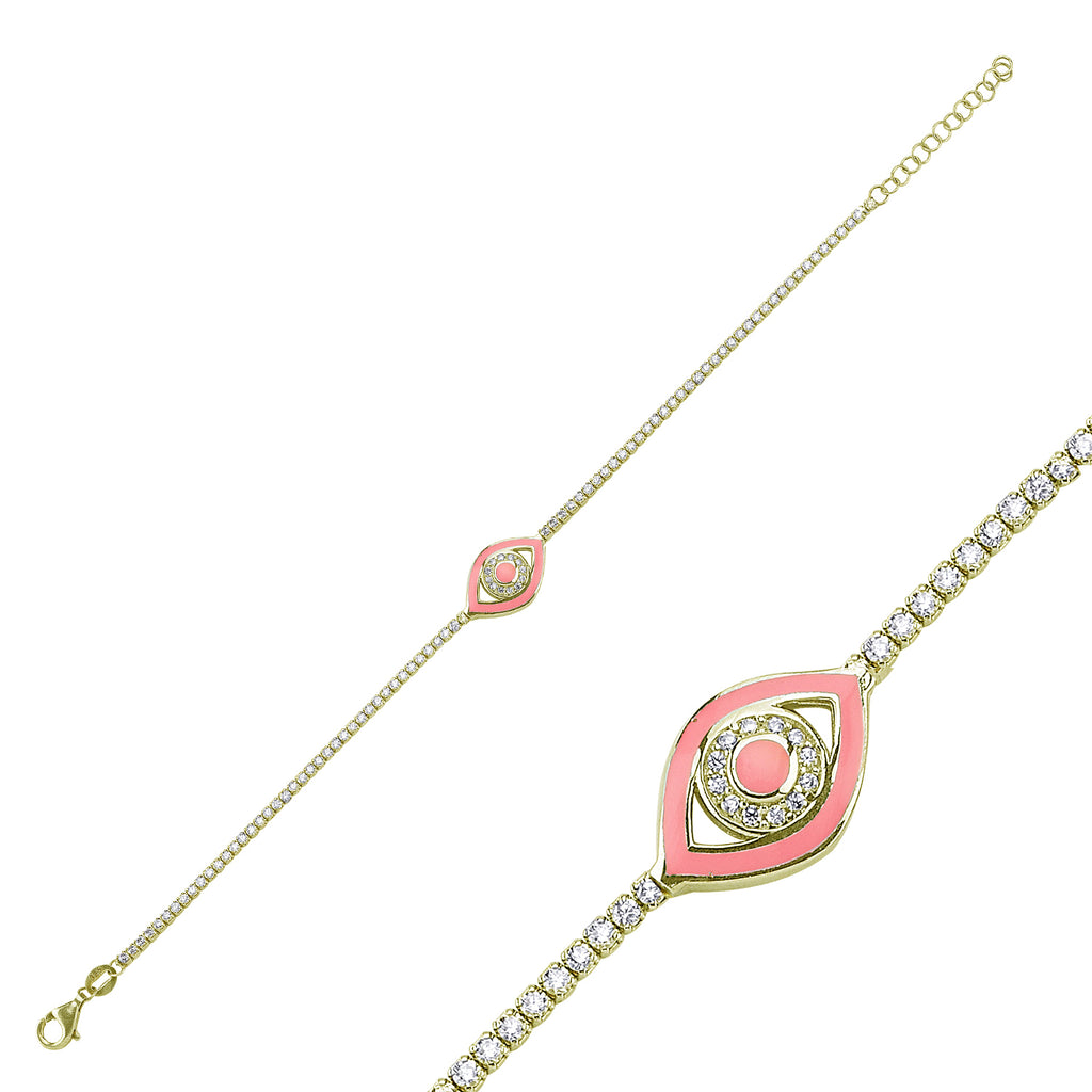 Trendy Tennis Chain Pink Enamel Eye Bracelet 925 Crt Sterling Silver Gold Plated Handcraft Wholesale Turkish Jewelry