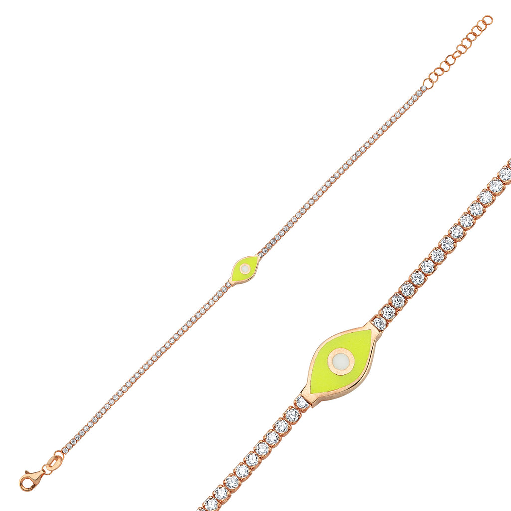 Trendy Tennis Chain Yellow Enamel Eye Bracelet 925 Crt Sterling Silver Gold Plated Handcraft Wholesale Turkish Jewelry