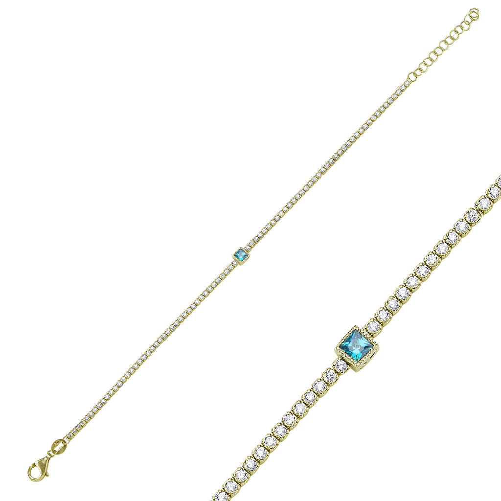 Trendy Tennis Chain Aquamarin Square Stone Bracelet 925 Crt Sterling Silver Gold Plated Handcraft Wholesale Turkish Jewelry