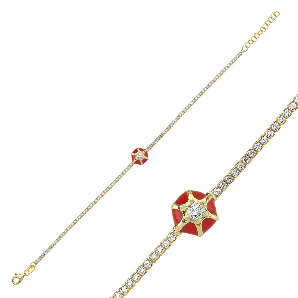 Trendy Tennis Chain Red Enamel Star Bracelet 925 Crt Sterling Silver Gold Plated Handcraft Wholesale Turkish Jewelry