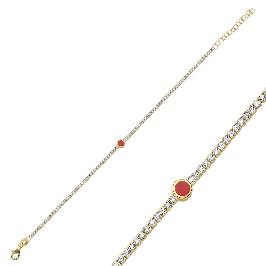 Trendy Tennis Chain Red Enamel Round Bracelet 925 Crt Sterling Silver Gold Plated Handcraft Wholesale Turkish Jewelry