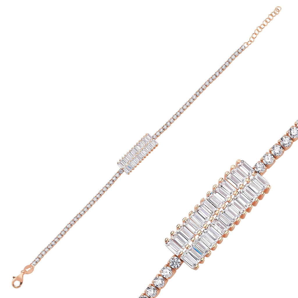 Trendy Double Layer Baquette Stone Bar Tennis Chain Bracelet 925 Crt Sterling Silver Gold Plated Handcraft Wholesale Turkish Jewelry