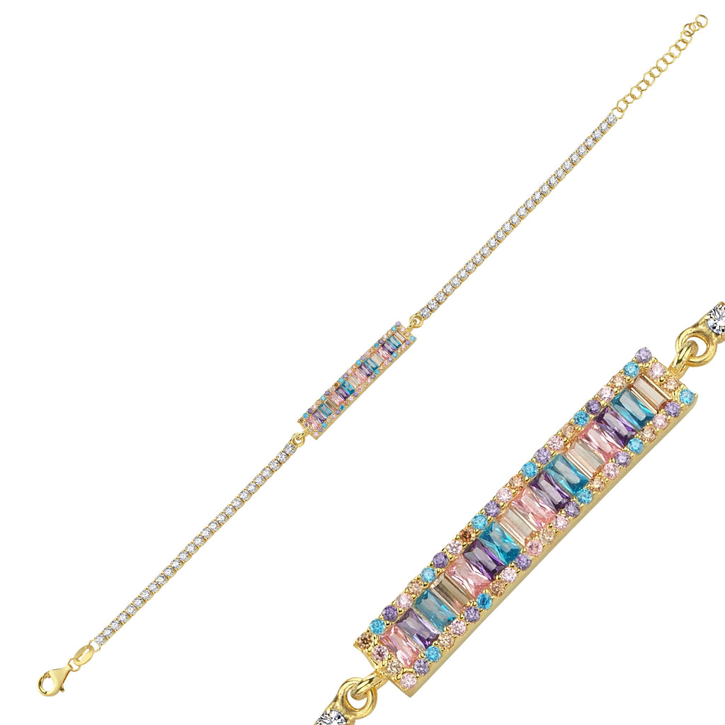 Trendy Tennis Chain Colorful Baquette Stones Bar Bracelet 925 Crt Sterling Silver Gold Plated Handcraft Wholesale Turkish Jewelr