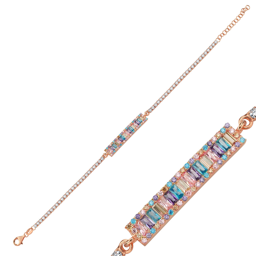 Trendy Tennis Chain Colorful Baquette Stones Bar Bracelet 925 Crt Sterling Silver Gold Plated Handcraft Wholesale Turkish Jewelr
