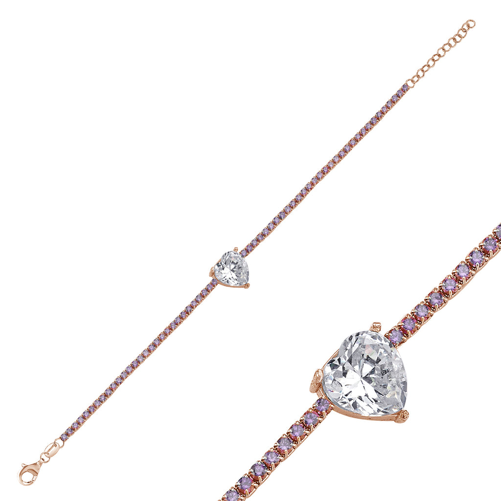 Trendy Purple Tennis Chain Heart Cut Zirconia Bracelet  925 Crt Sterling Silver Gold Plated Handcraft Wholesale Turkish Jewelry