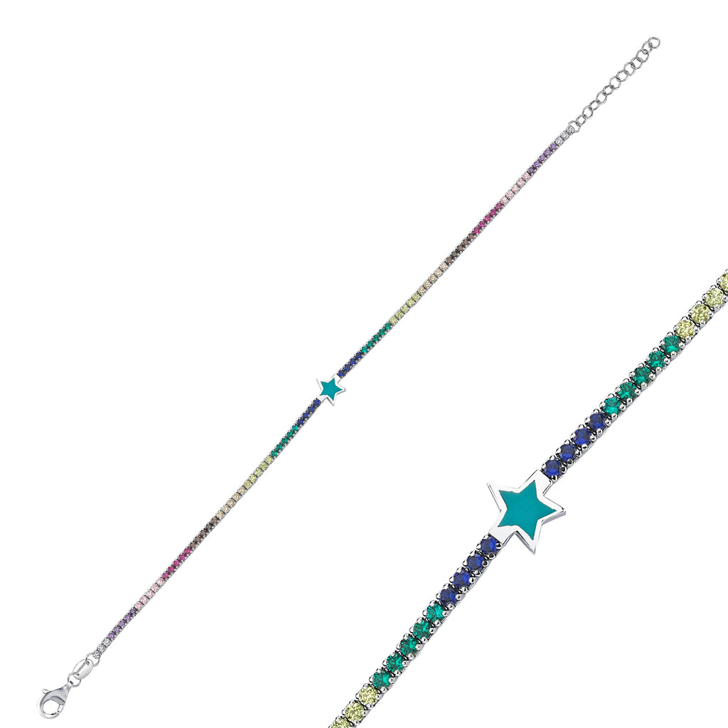 Trendy Colorful Tennis Chain Turquoise Enamel Star Bracelet 925 Crt Sterling Silver Gold Plated Handcraft Wholesale Turkish Jewe
