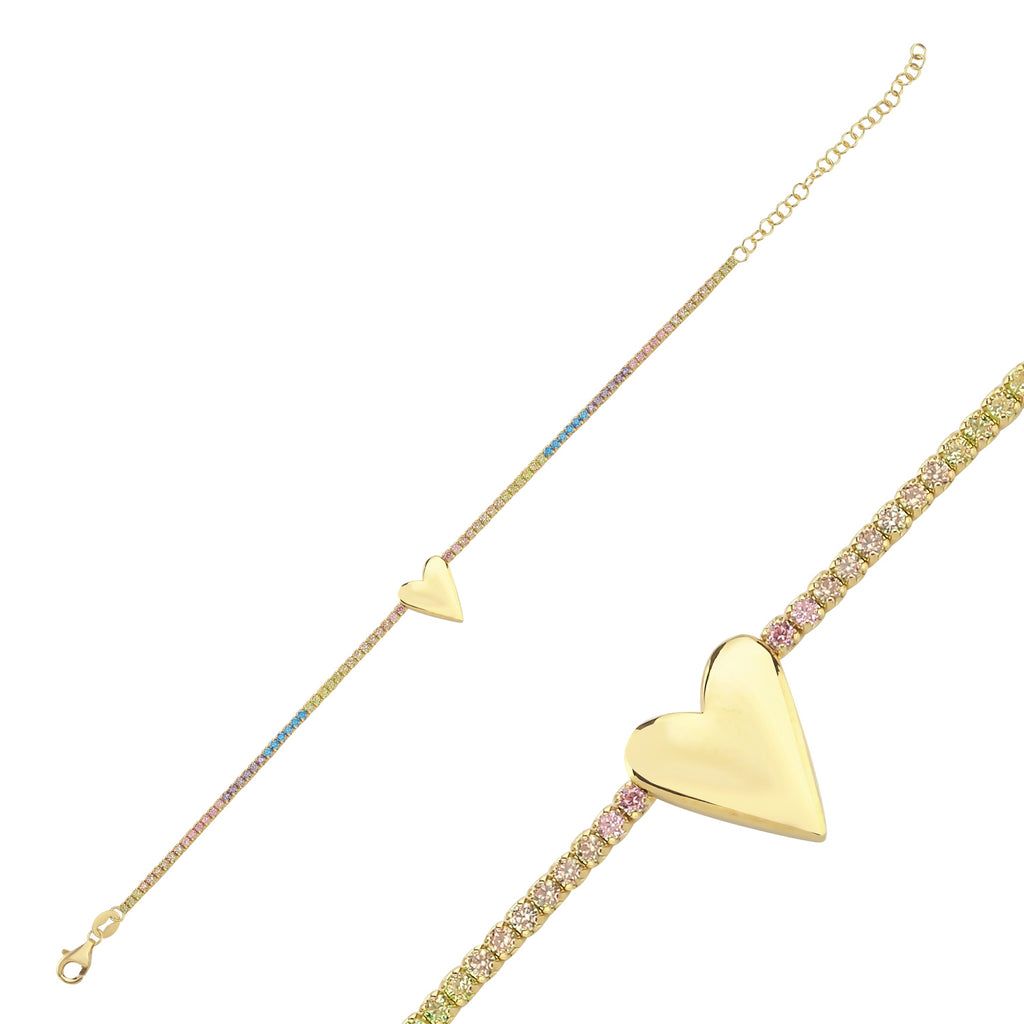 Trendy Tennis Chain Plain Heart Bracelet 925 Crt Sterling Silver Gold Plated Handcraft Wholesale Turkish Jewelry