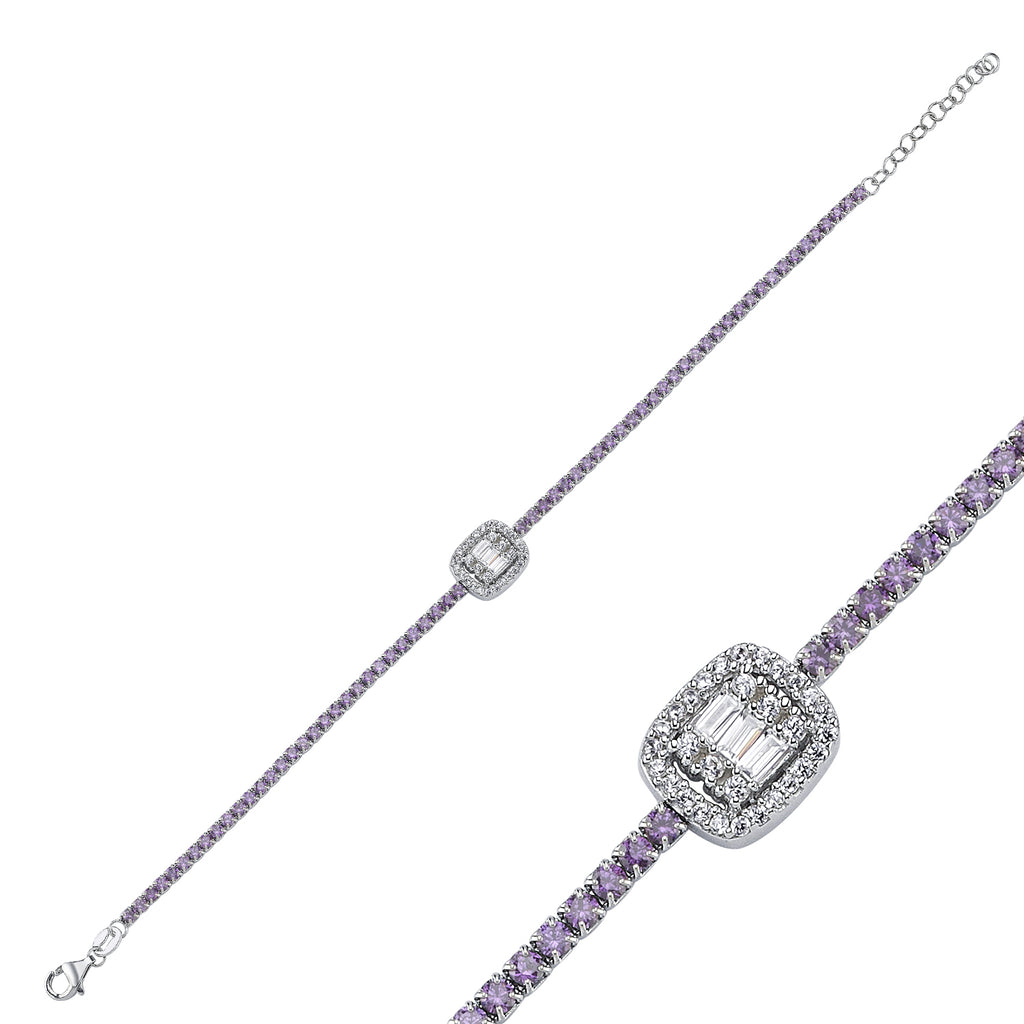 Trendy Purple Tennis Chain Baquette Stone Bar Bracelet 925 Crt Sterling Silver Gold Plated Handcraft Wholesale Turkish Jewelry
