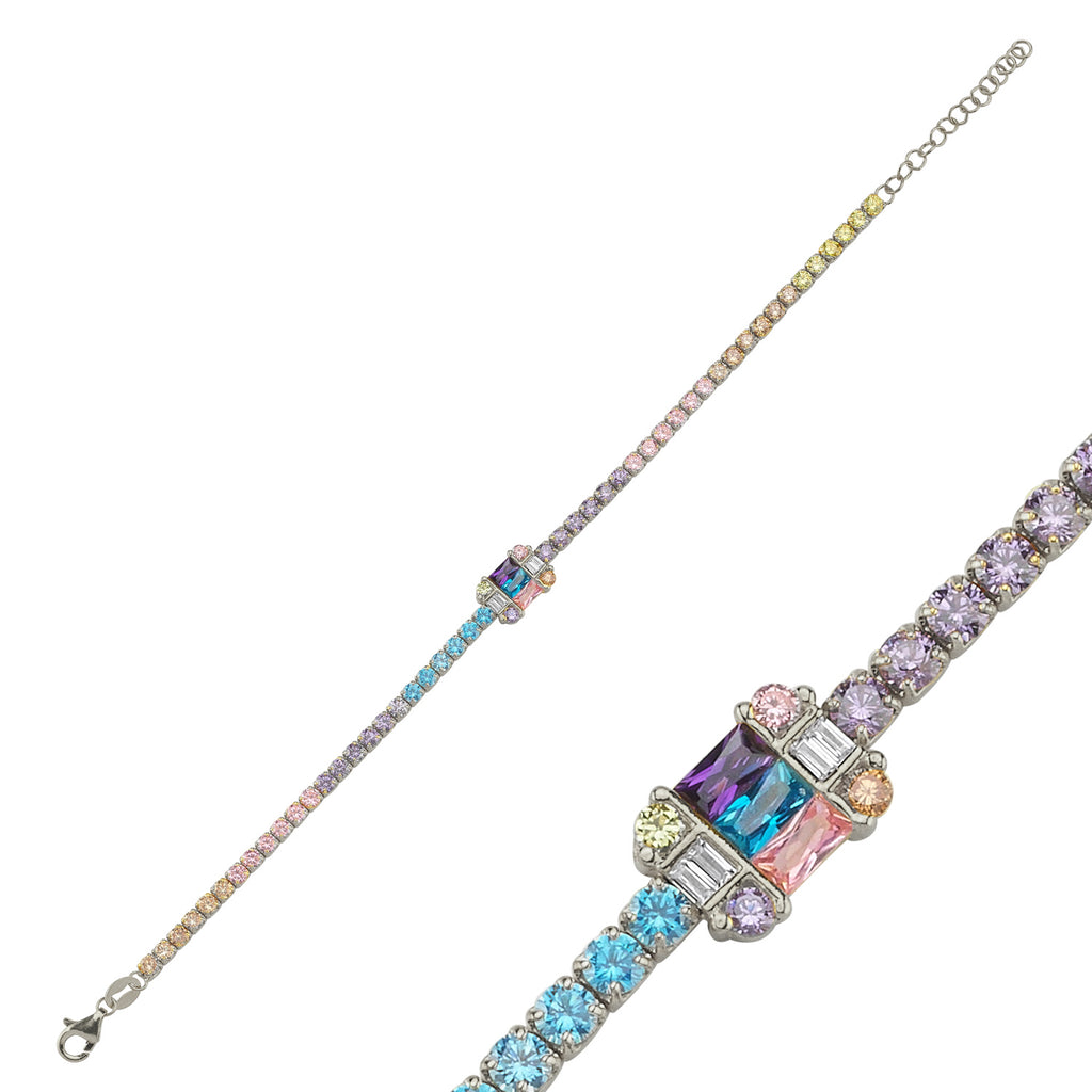 Trendy Colorful Tennis Chain Baquette Stone Bar Bracelet 925 Crt Sterling Silver Gold Plated Handcraft Wholesale Turkish Jewelry