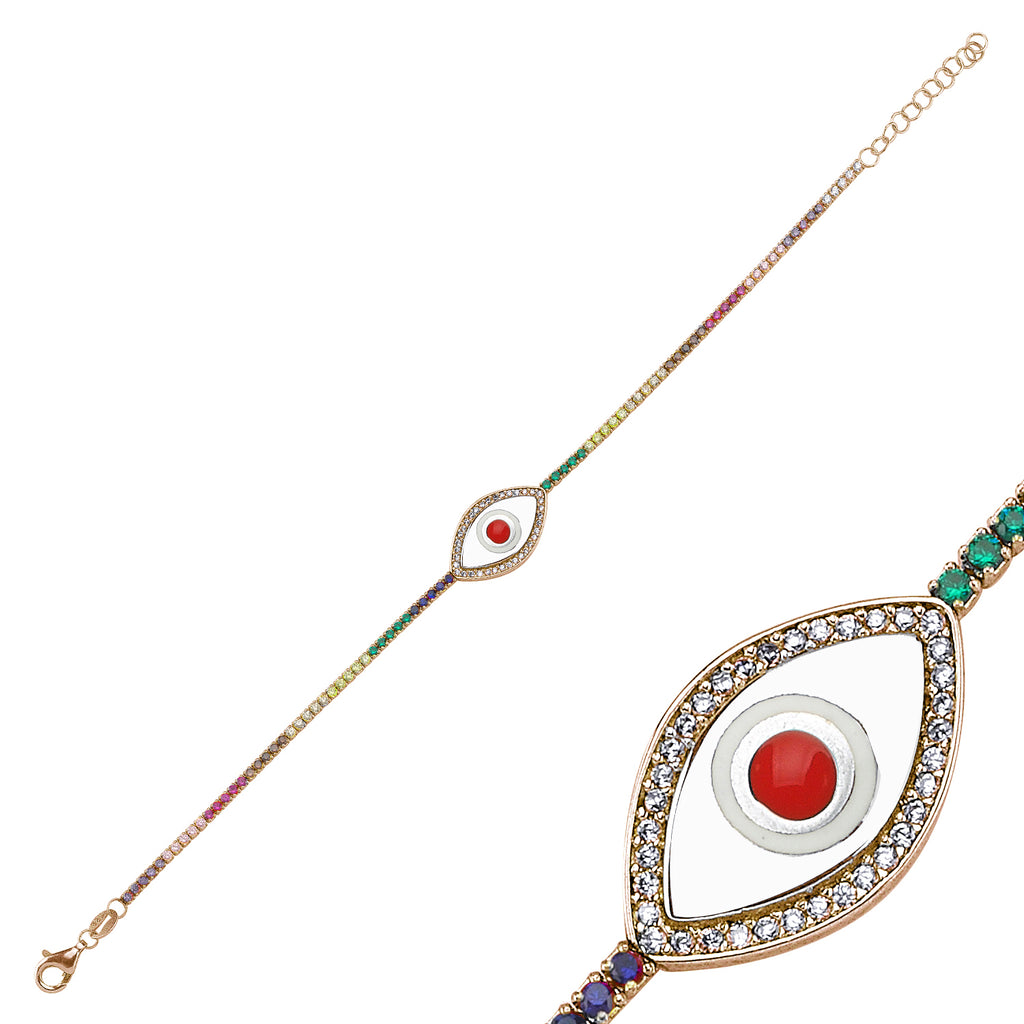 Trendy Tennis White Enamel Eye Bracelet 925 Crt Sterling Silver Gold Plated Handcraft Wholesale Turkish Jewelry