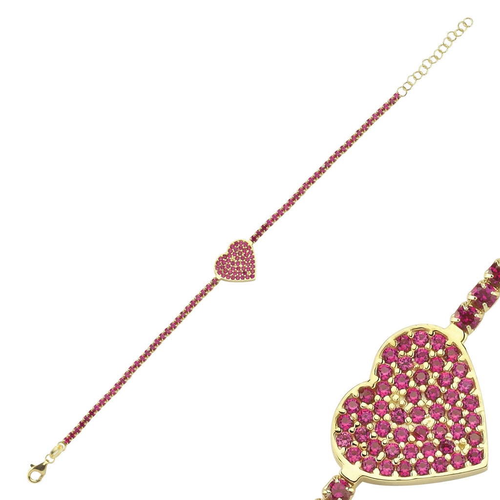 Trendy Pink Tennis Chain Pink Zirconia Heart Bracelet 925 Crt Sterling Silver Gold Plated Handcraft Wholesale Turkish Jewelry