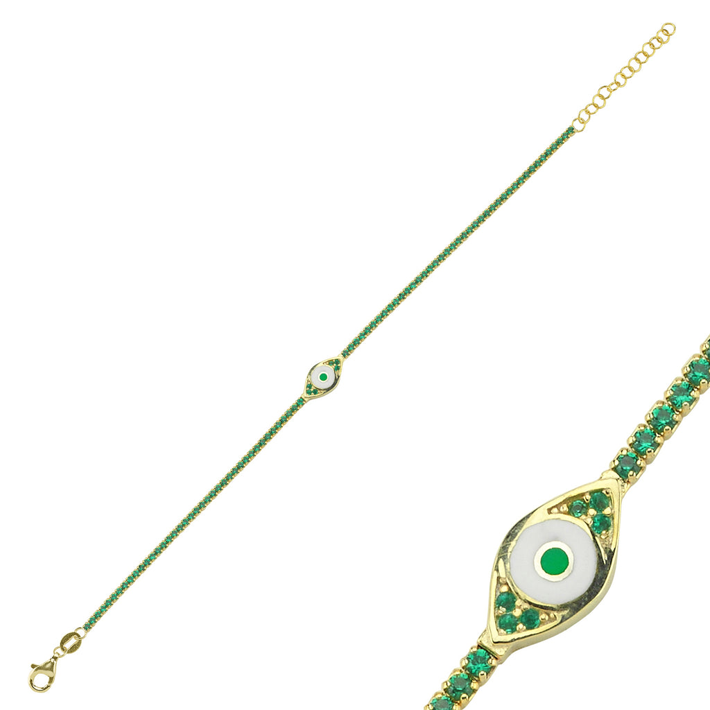 Trendy Green Tennis Chain Eye Bracelet  925 Crt Sterling Silver Gold Plated Handcraft Wholesale Turkish Jewelry